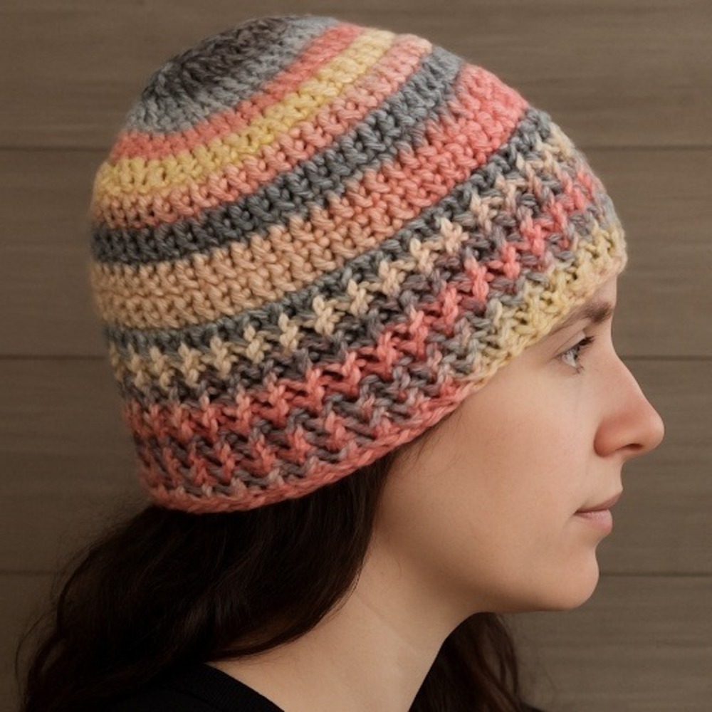 Crochet Beanie Hat Striped Multi Color Pastel Handmade Knit Winter Cap